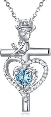 wholesale 925 Sterling Silver Birthstone Cross Necklace for Women Mother s Day Anniversary Birthday Gift for Wife Mom-03-Mar-Blue