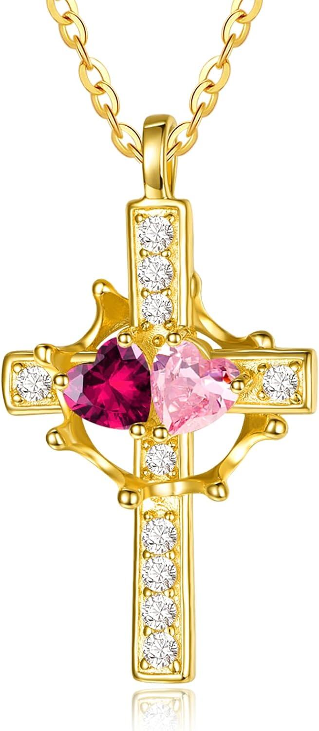 Sterling Silver Birthstones Gold Cross Necklace for Women -07-10-Jul-Oct-07-10-Jul-Oct