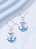 wholesale 925 Sterling Silver Blue Opal Anchor Dangle Drop Earrings for Women Beach -0-1