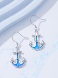 wholesale 925 Sterling Silver Blue Opal Anchor Dangle Drop Earrings for Women Beach -0-1