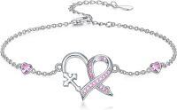 wholesale 925 Sterling Silver Pink Ribbon Heart Cross Charm Bracelet for Women Girls -Pink Ribbon-Heart 7"-9"