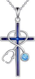 wholesale 925 Sterling Silver Blue Crystal Stethoscope Cross Pendant Necklace Jewelry for Women and Men-0-0