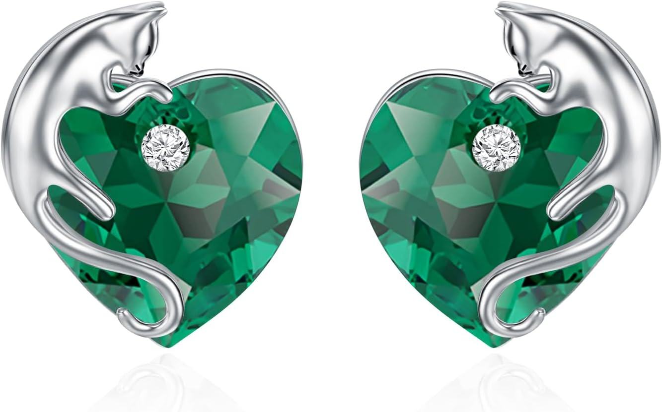 Sterling Silver Austria Crystal Cat Earrings Cute Studs with Birthstone Heart Gift for Cat Lovers-Emerald Green