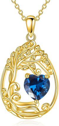wholesale Sterling Silver Yellow Gold Plated Gemstone Tree of Life Pendant Necklace-09-Sep-Sapphire