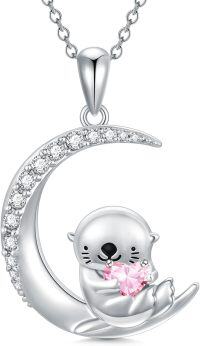 wholesale Sterling Silver Animal Birthstone Necklace Otter Axolotl Hippo Pendant Jewelry Gift for Women-10-Oct-Otter