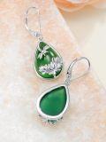 wholesale 925 Sterling Silver 925 Green Jade Teardrop Dangle Earrings with Lotus Flower Design for Women-0-5