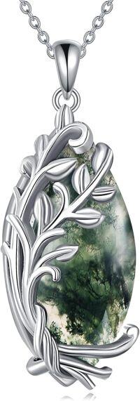 wholesale 925 Sterling Silver Tree of Life Green Agate Pendant Necklace-Moss Agate Tree of Life