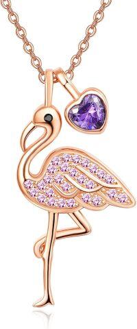 wholesale 925 Sterling Silver 12 Month Birthstone Flamingo Pendant Necklace 18 +2 Chain-02-Feb-Lab Created Amethyst