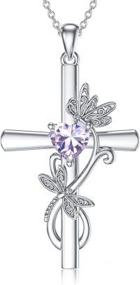 wholesale Sterling Silver Birthstone Dragonfly Cross Pendant Necklace for Women-06-June