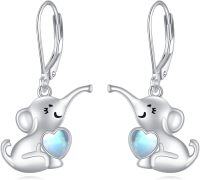 wholesale 925 Sterling Silver Elephant Heart Moonstone Drop Earrings for Women-E-Elephant