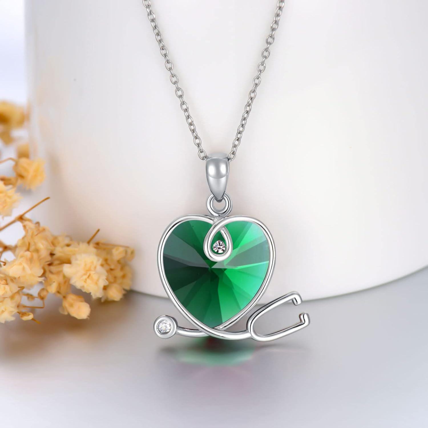 925 Sterling Silver Green Crystal Heart Shaped Stethoscope Pendant Necklace for Nurses Doctors Women  48 Chain-0-1