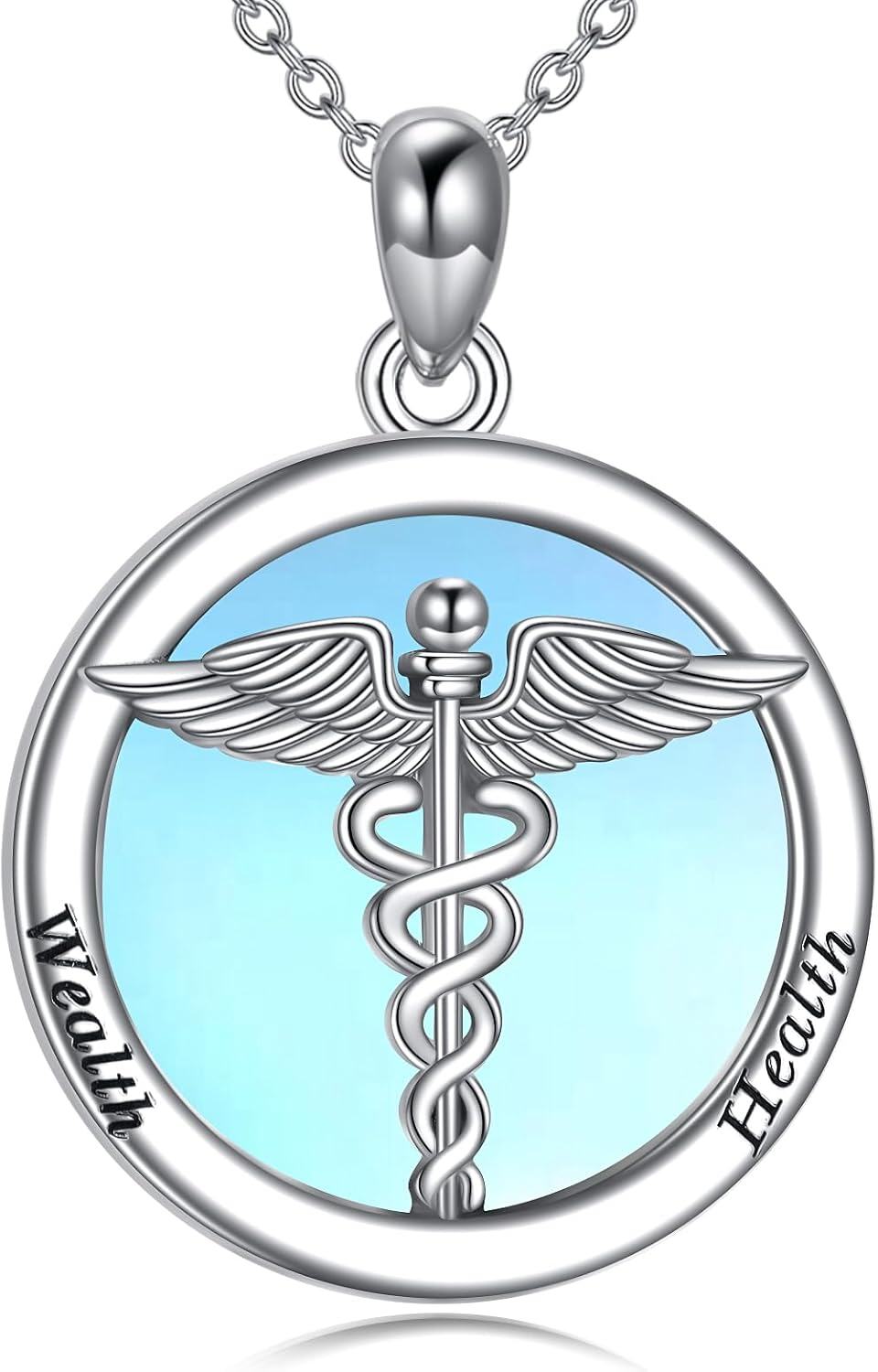 Sterling Silver Moonstone Caduceus Trident Asclepius Nurse Pendant Necklace-0-1