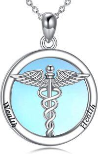 wholesale 925 Sterling Silver Moonstone Caduceus Asclepius Health Wealth Charm Pendant Necklace-A-Caduceus