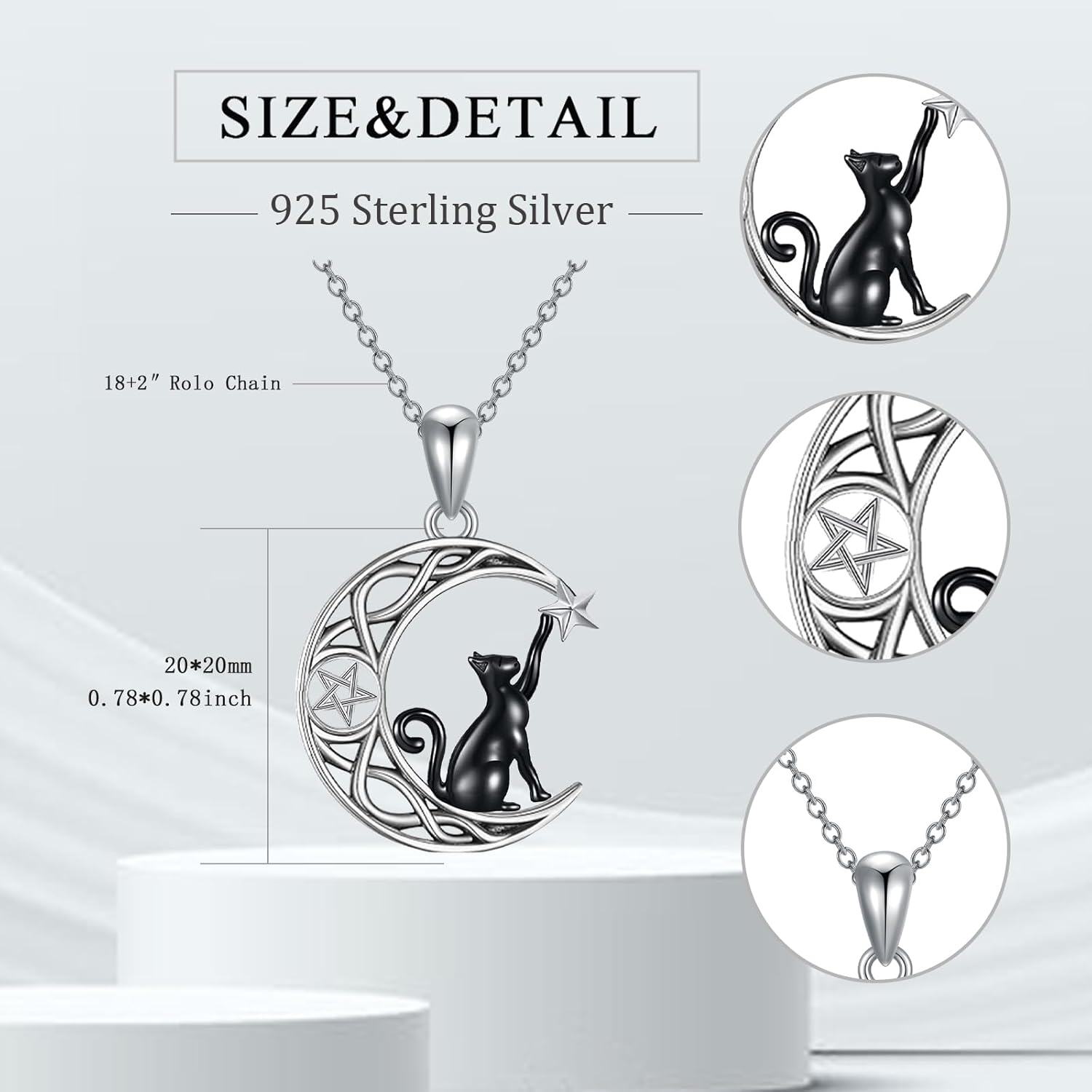 wholesale 925 Sterling Silver Crescent Moon Star Black Cat Necklace Pendant Jewelry for Women Girls Gifts 48cm Chain Length-0-1