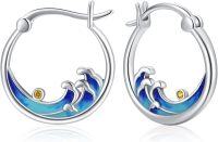 wholesale S925 Sterling Silver Ocean Wave Huggie Hoop Earrings with Blue Enamel and Yellow Stone Hypoallergenic Beach Jewelry for Women-Ocean Wave