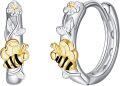 wholesale 925 Sterling Silver Bumblebee Huggie Hoop Earrings with Flower Design and Gold Accents-0-0
