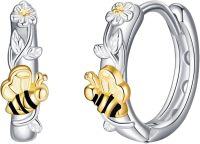 wholesale 925 Sterling Silver Bumblebee Huggie Hoop Earrings with Flower Design and Gold Accents-Bee