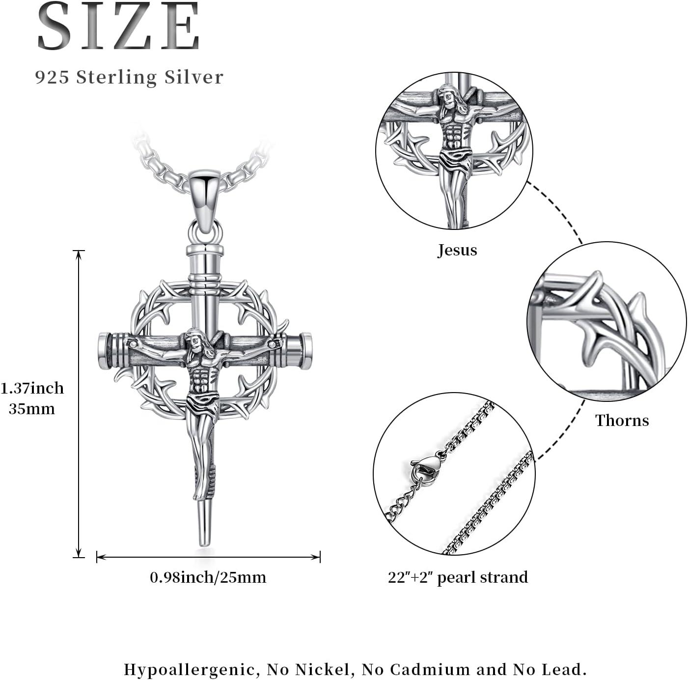 wholesale 925 Sterling Silver Crucifix Pendant Necklace with Stainless Steel Chain with Crown of Thorns - Religious Jewelry for Men & Women-0-3