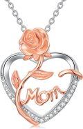 wholesale 925 Sterling Silver Rose Mom Heart Pendant Necklace with Cubic Zirconia-0-0