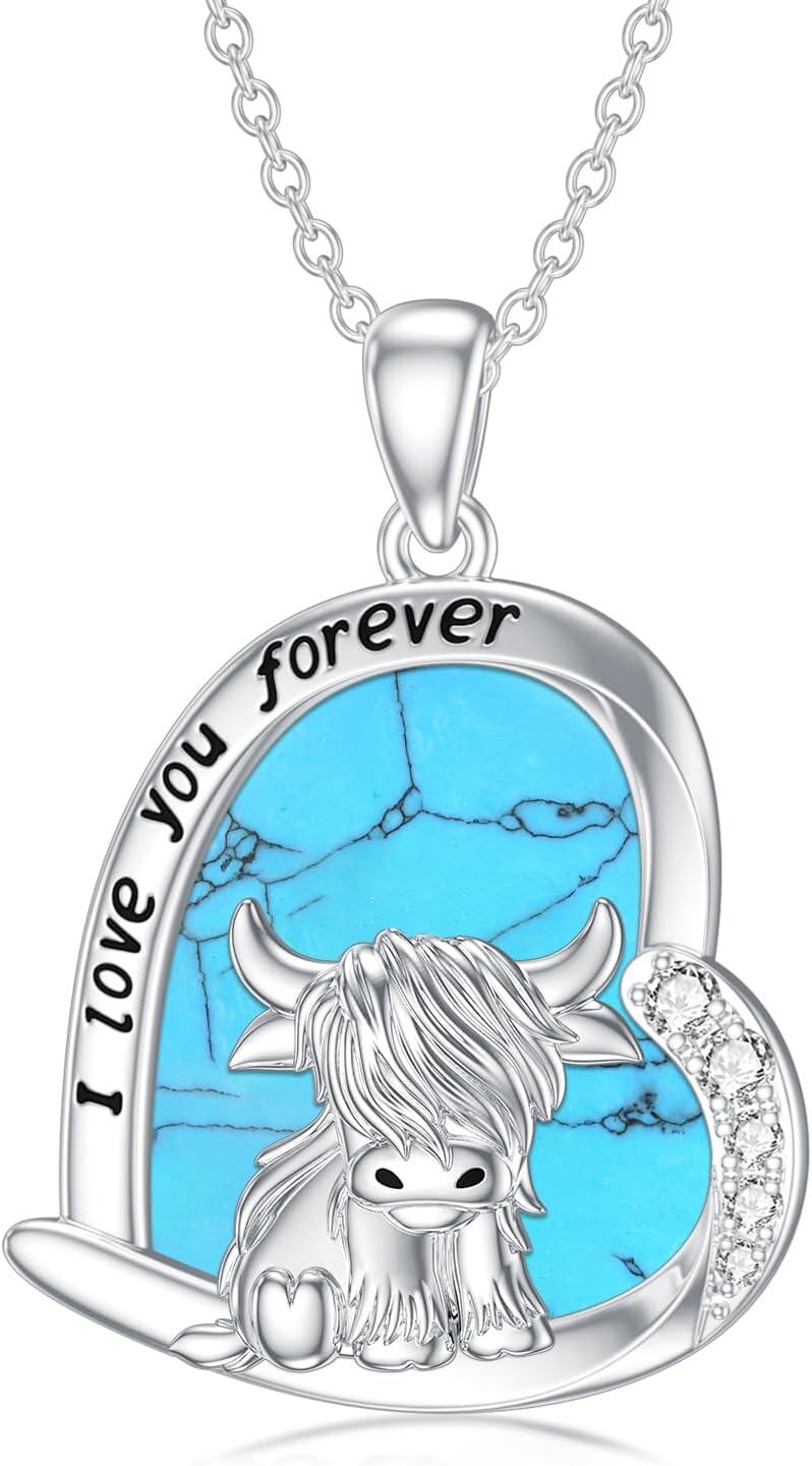Sterling Silver Highland Cow Birthstone Necklace Jewelry Gifts for Women Girls-8-2-Turquoise-8-2-Turquoise
