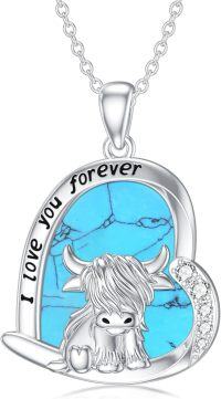 wholesale Sterling Silver Highland Cow Birthstone Necklace Jewelry Gifts for Women Girls-8-2-Turquoise-8-2-Turquoise