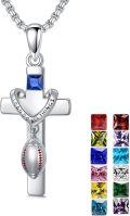 wholesale 925 Sterling Silver Baseball Theme Cross Necklace with I Can Do All Things Pendant & Multi-Color Gems on 14K Gold Plated Chain-0-0