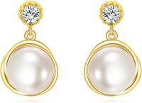 wholesale 14K Gold Freshwater Pearl Round Dangle Drop Earrings for Women Wedding Gift Jewelry Accessories-CZ
