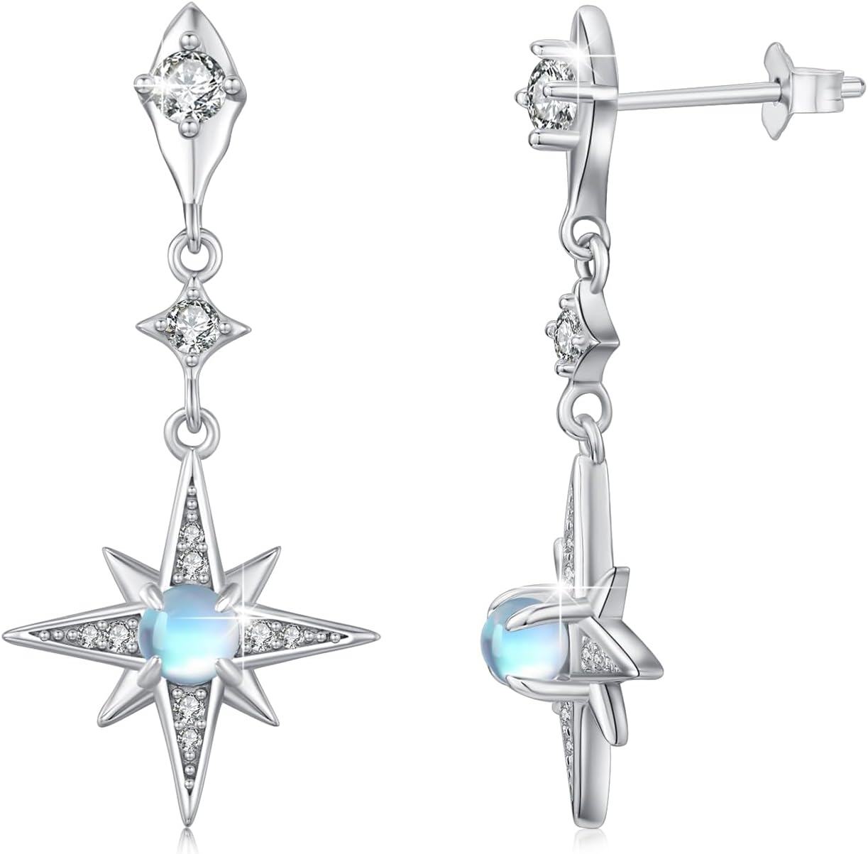 Sterling Silver Moonstone Birthstone Opal Star Planet Panda Whale Heart Earrings for Women -Star Stud Earrings #2