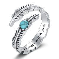 wholesale 925 Sterling Silver Turquoise Moss Agate Feather Adjustable Western Thumb Ring Vintage Jewelry Gift-Always with you