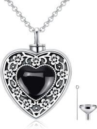 wholesale Sterling Silver Flower Urn Necklace for Ashes Memorial Keepsake Heart Jewelry-Cherry Blossoms-Obsidian