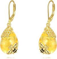 wholesale 925 Sterling Silver Honeycomb Bee Drop Earrings with Citrine Gemstone and Gold Plated Accents-Bee