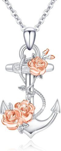 wholesale 925 Sterling Silver Anchor Necklace with Rose Charm Pendant for Women s-Silver