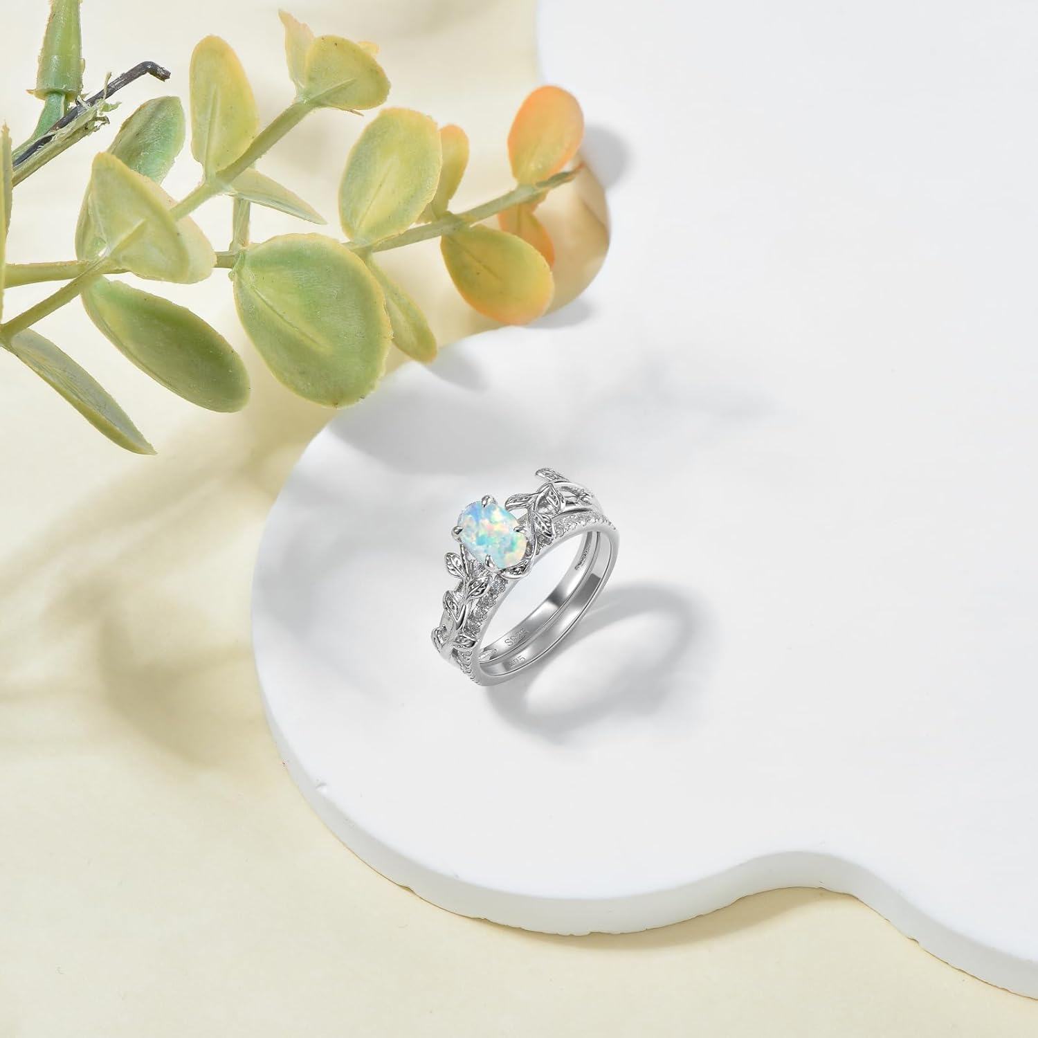 Sterling Silver Opal 1ct Leaf Oval Ring w CZ for Women Valentine s Day Gift-0-4