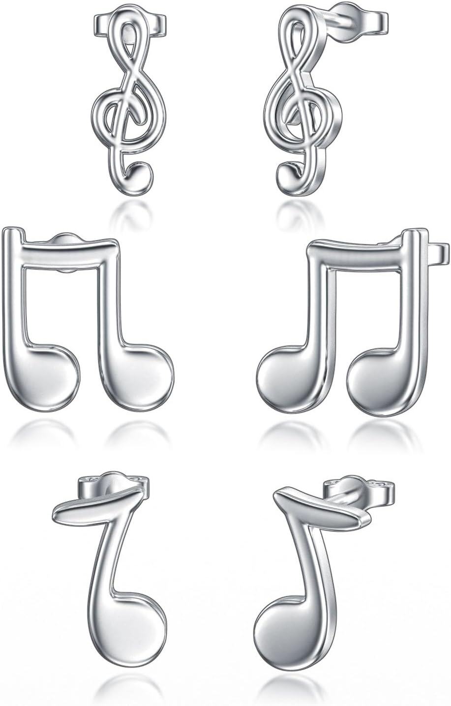 Sterling Silver 3 Pairs Women s Stud Earrings Set-05-Music Note