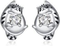 wholesale 925 Sterling Silver Cat Shape CZ Stone Stud Hoop Earrings for Women and Girls-cats-cats