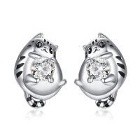 wholesale 925 Sterling Silver Cat Shape CZ Stone Stud Hoop Earrings for Women and Girls-cats-cats
