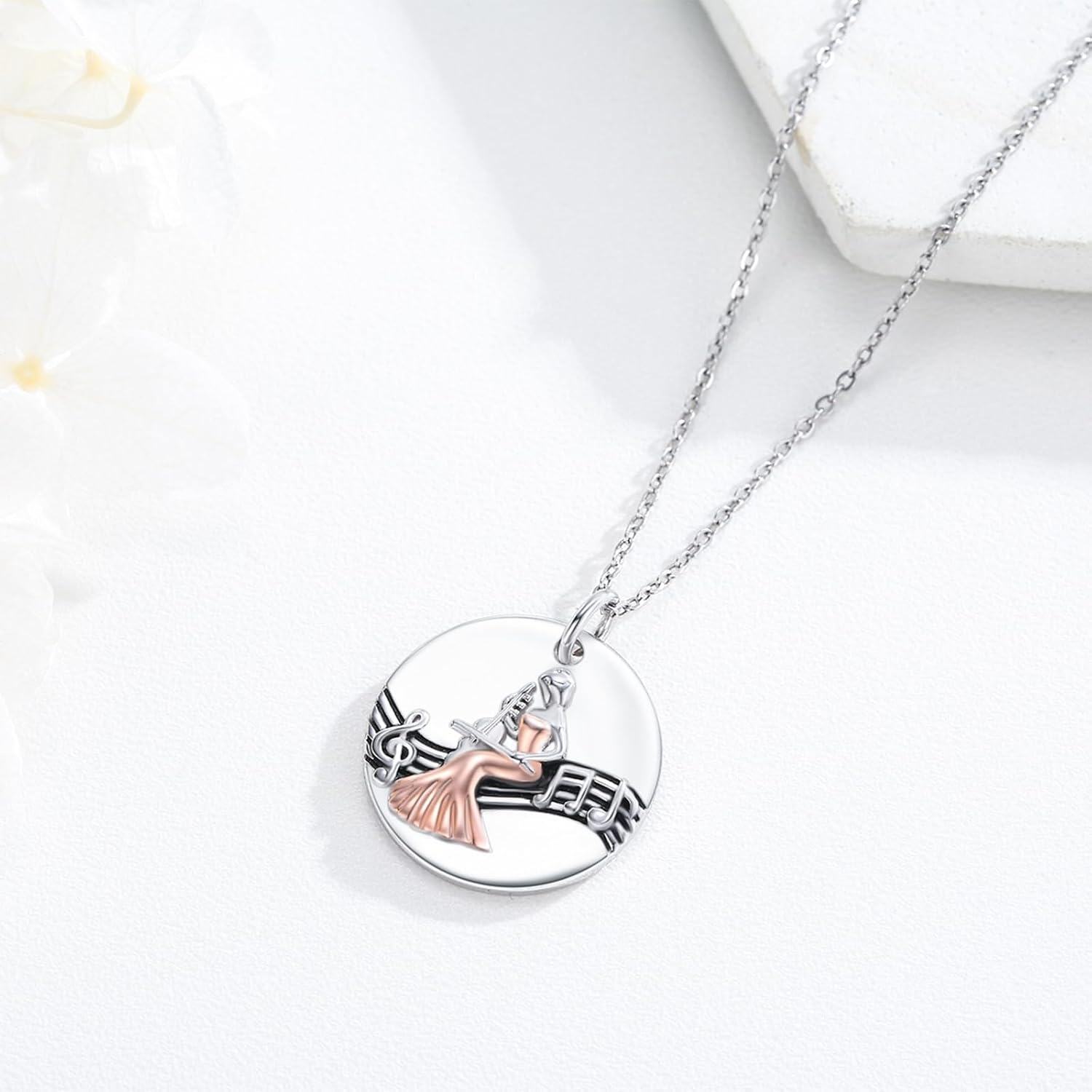 925 Sterling Silver Musician Pendant Necklace with Rose Gold Accents and Musical Notes - Friendship Graduation Gift for Her Daughter or Sister-0-1