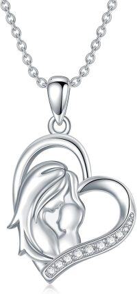 wholesale 925 Sterling Silver Mother Daughter Heart Locket with Cubic Zirconia - 48cm Chain Length-B1-Mother Child