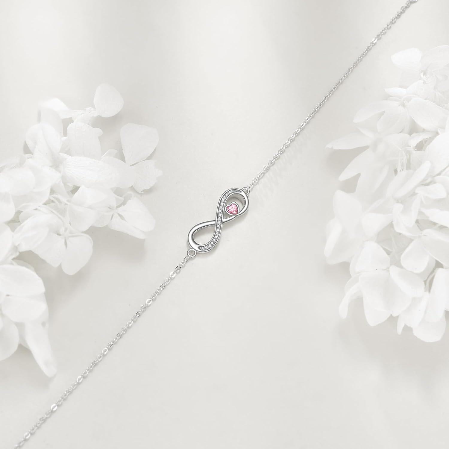 Sterling Silver Birthstone Infinity Heart Charm Adjustable Bracelet-0-3