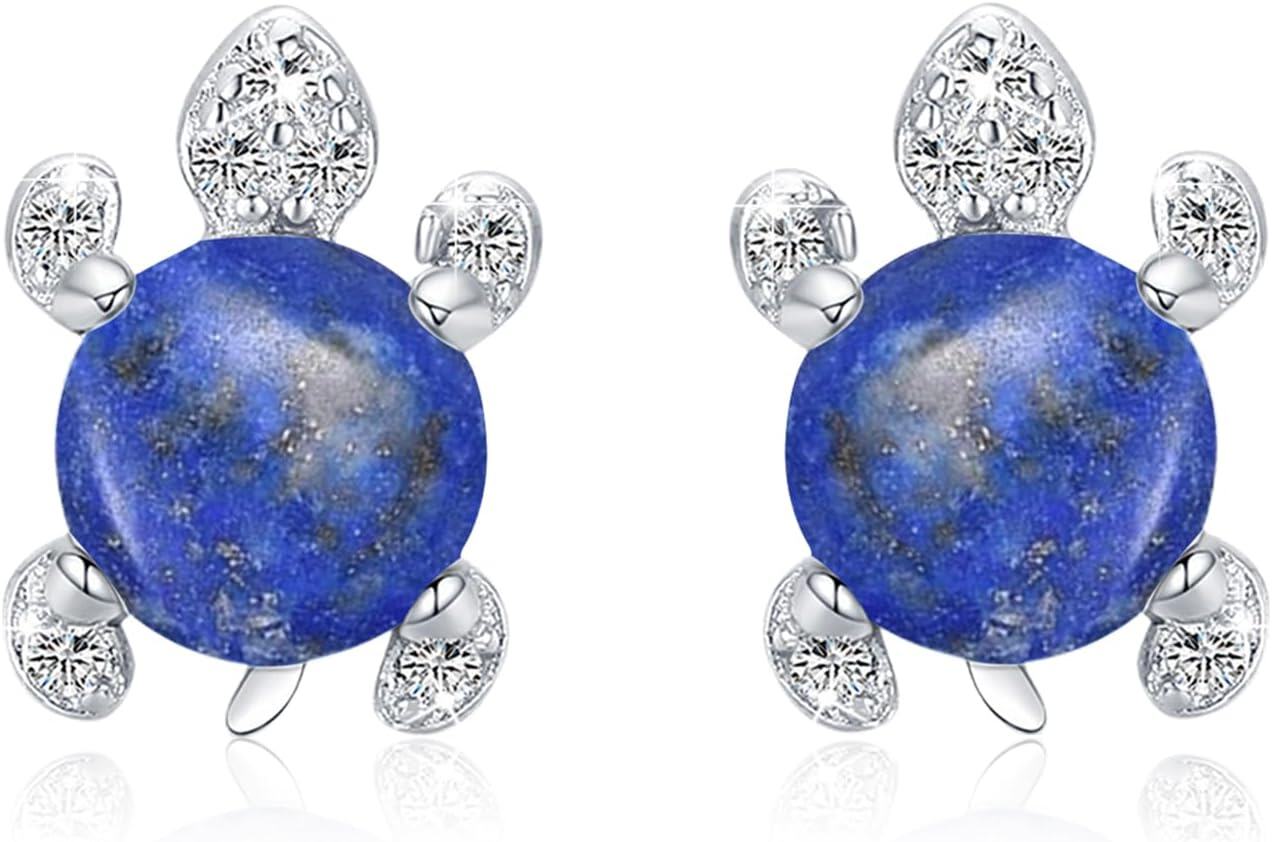 Sterling Silver Moonstone Sea Turtle Stud Earrings Hypoallergenic Ocean Jewelry-F-Lapis Lazuli