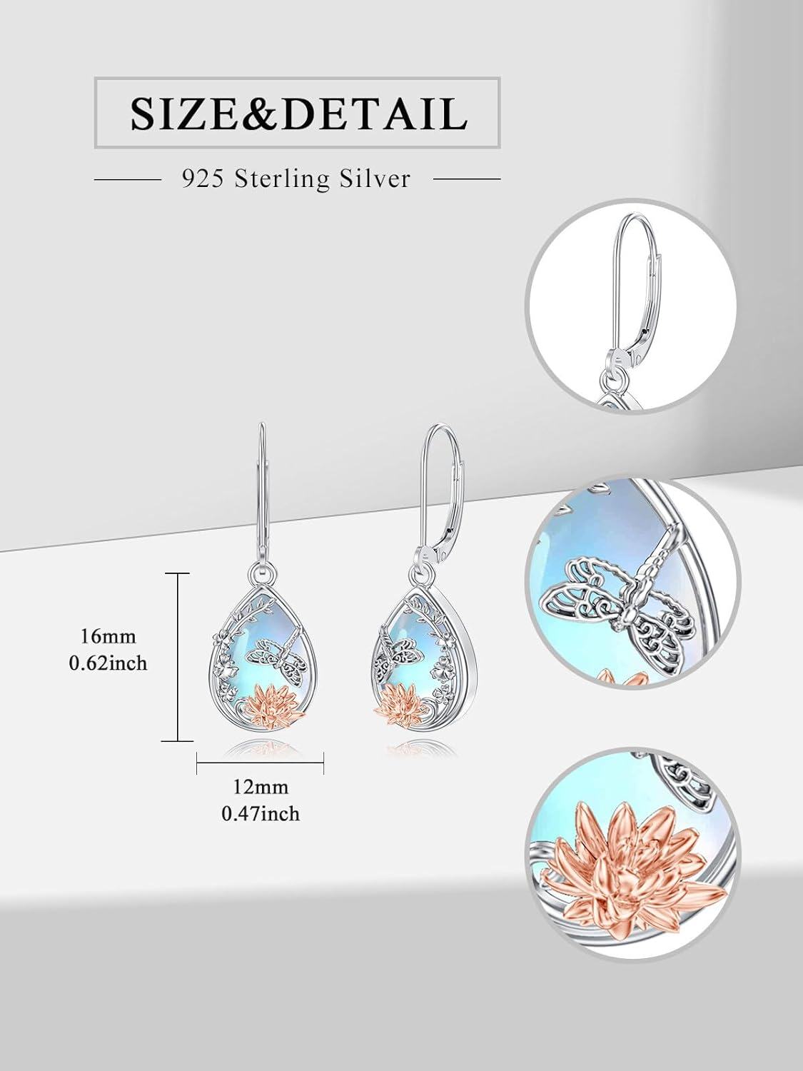 925 Sterling Silver Moonstone Butterfly Lotus Filigree Teardrop Dangle Leverback Earrings-0-1