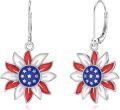 wholesale 925 Sterling Silver Sunflower Flag Earrings with Red White Blue Gemstones, Patriotic Dangle Earrings for Women, 4th of July Independence Day Gift-0-0