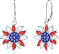 wholesale 925 Sterling Silver Sunflower Flag Earrings with Red White Blue Gemstones, Patriotic Dangle Earrings for Women, 4th of July Independence Day Gift-Dangle-6
