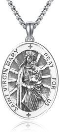 wholesale 925 Sterling Silver Virgin Mary Medal Necklace Pendant with Cross and Religious Charm for Women Men  48cm Chain Length-0-0