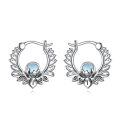 wholesale 925 Sterling Silver Moonstone Lotus Flower Hoop Earrings Oxidized Vintage Women Jewelry-0-0
