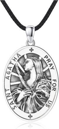wholesale 925 Sterling Silver Saint Agatha Oval Religious Medal Prayer Charm Pendant Necklace-33a-St Agatha-Leather Chain-33a-St Agatha-Leather Chain