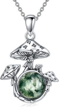 wholesale 925 Sterling Silver Green Moss Agate Mushroom Pendant Necklace for Women Mushroom -Moss Agate