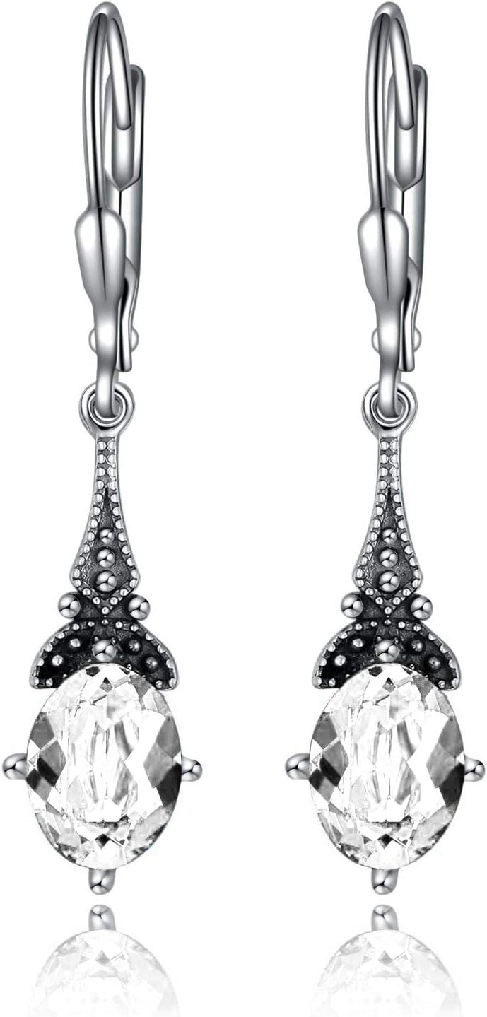 Sterling Silver Austrian Crystal Vintage Drop Dangle Leverback Earrings-Clear White
