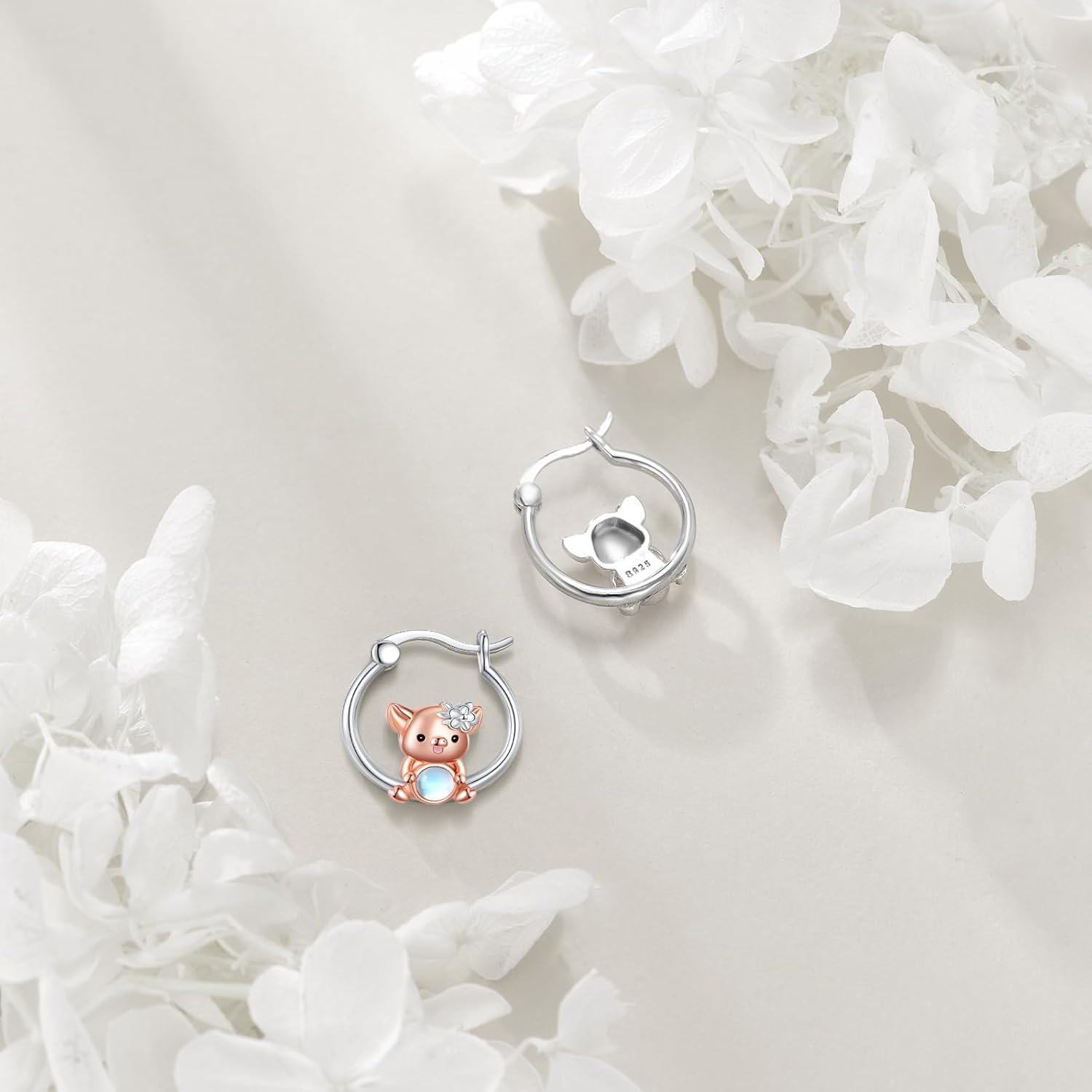 925 Sterling Silver Piglet Moonstone Hoop Earrings for Women-0-2
