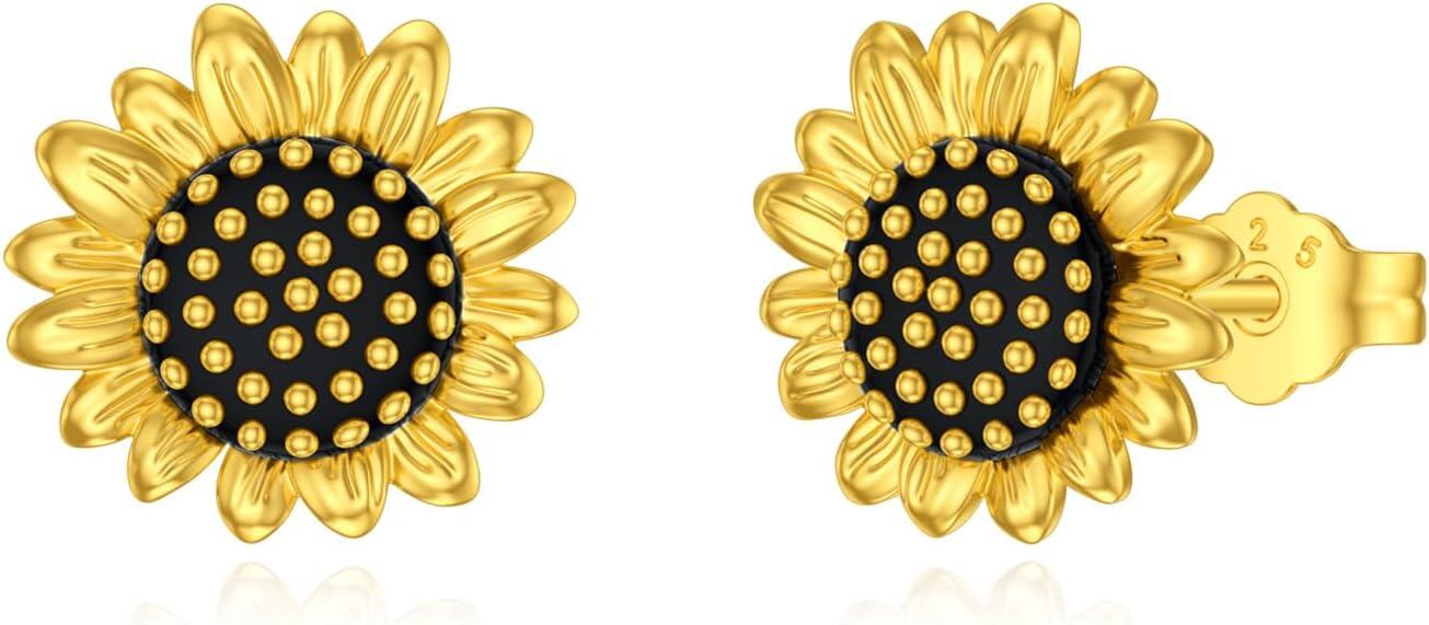 Sterling Silver Crystal Sunflower Stud Earrings Two Tone You Are My Sunshine Gift for Women Mom-Gold Black Sunflower Earrings